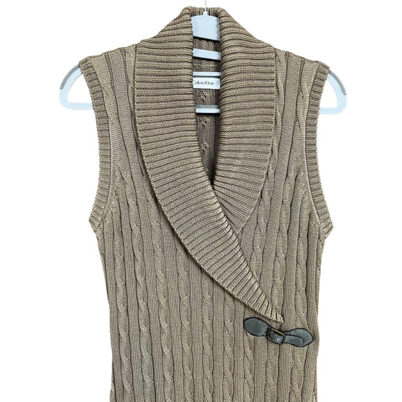 Calvin Klein Brown Cable Knit Shawl Collar Sleeveless Buckle Sweater Dress Sz L - Picture 4 of 8